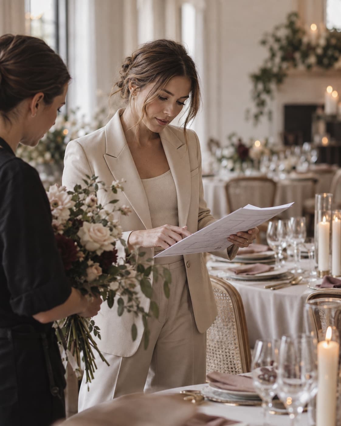 A professional wedding planner reviewing the wedding-day schedule with a florist